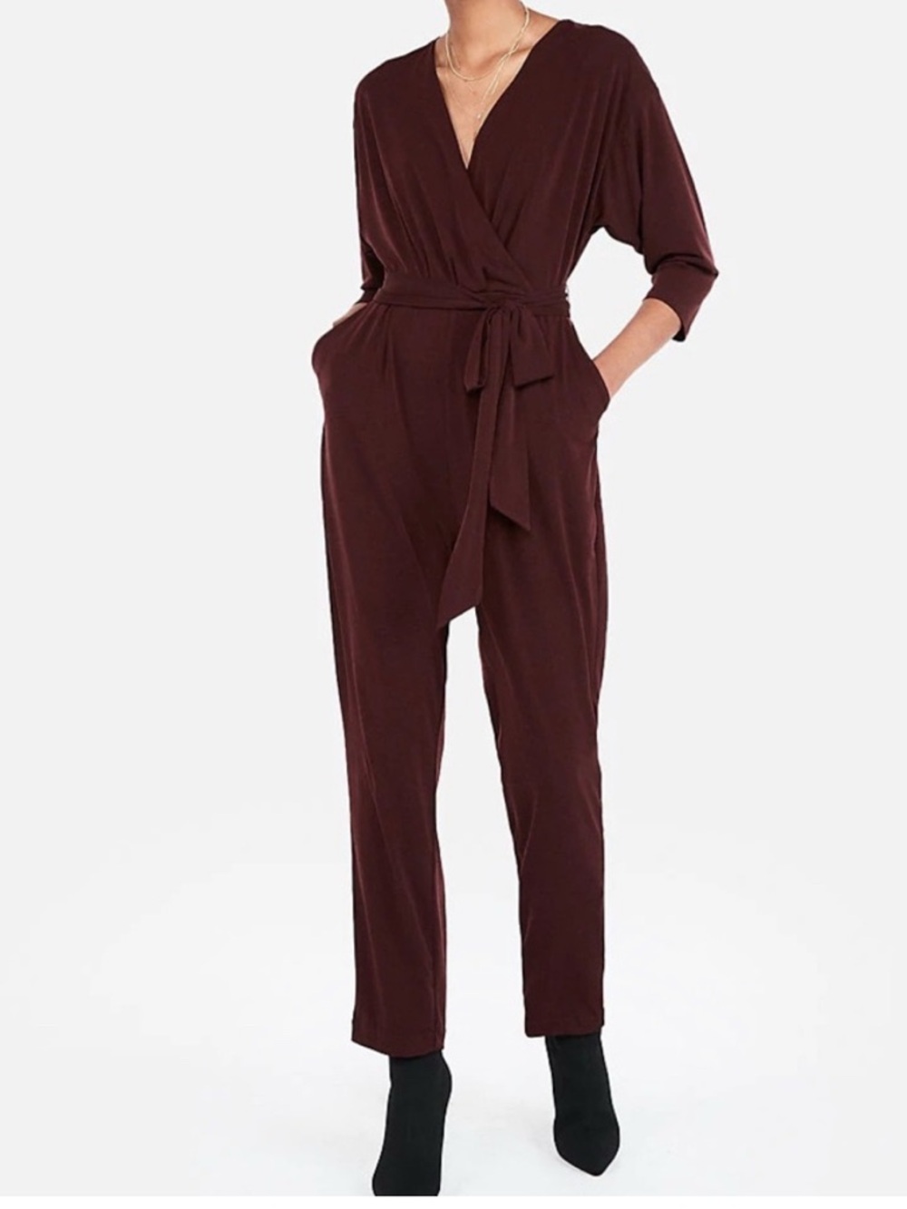 Express Brown Wrap-Front Jumpsuit